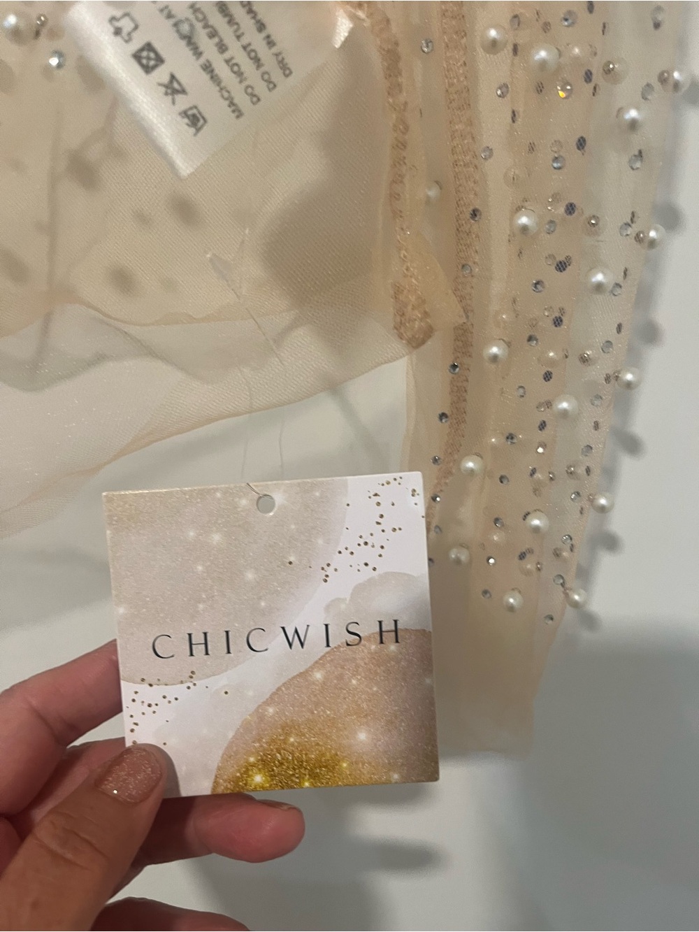 Chicwish Nude Pearl & Crystal Embellished Sheer Long-Sleeve Top - Picture 5 of 6